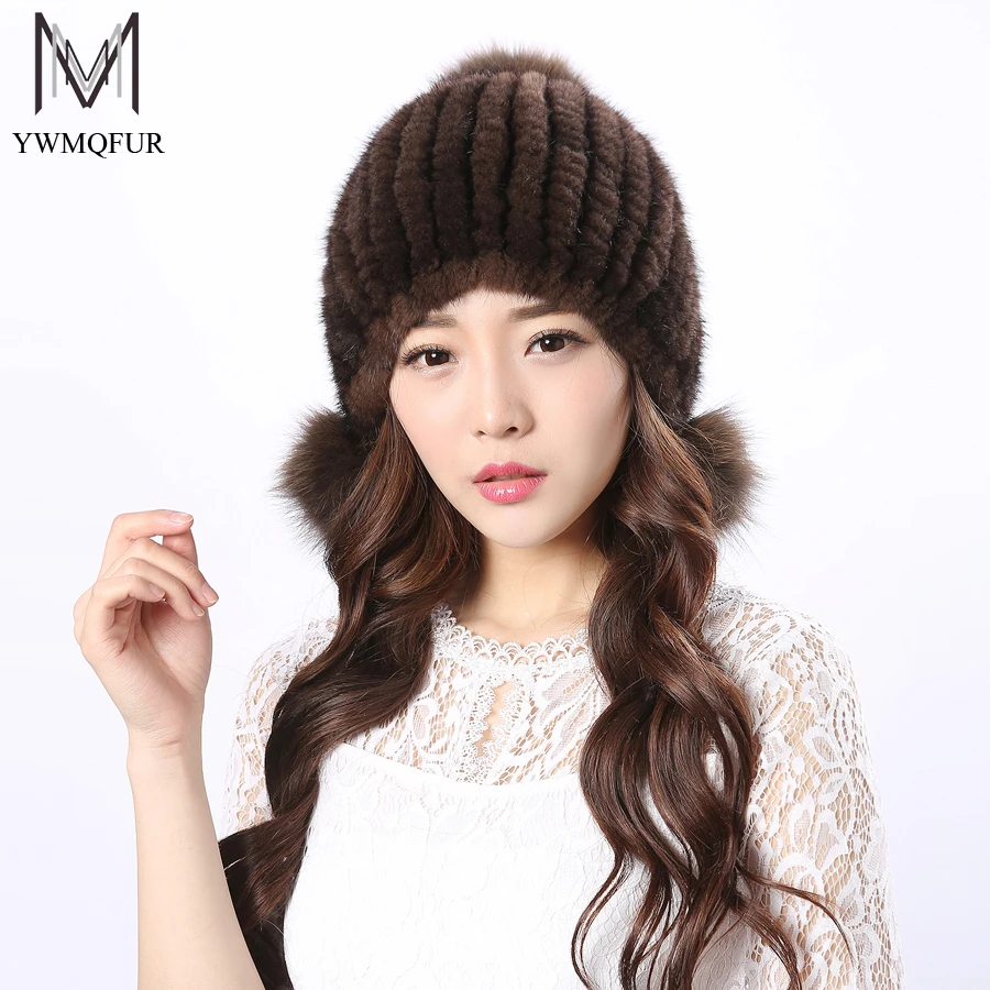 YWMQFUR зимний Для женщин Кепки с натуральным лисьим мехом норки Вязание защищены