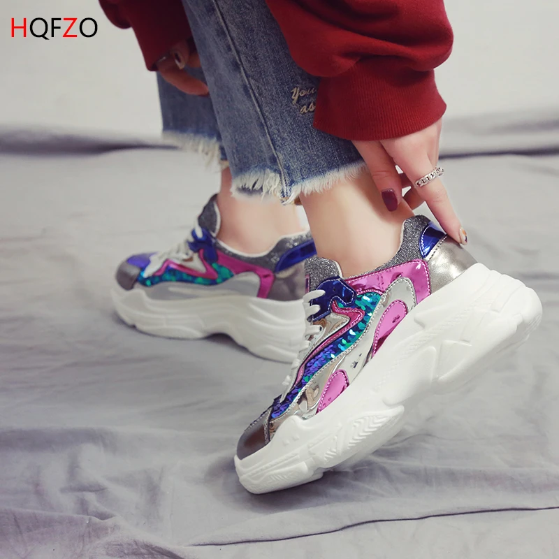 HQFZO 2019 Fashion Pantshoes Bling Platform Vulcanize Sneakers Spring Wedge Lace-Up Women Shoes Breathable Casual Female | Обувь