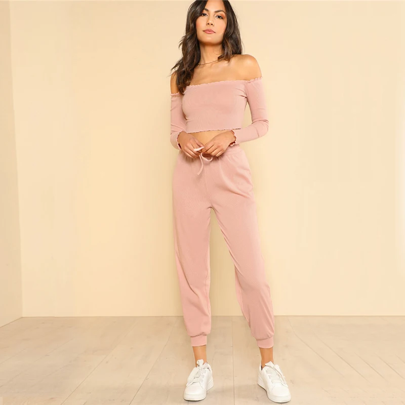 SHEIN Модный Топ С Открытыми Плечами И Спортивные Брюки Женский Спортивный Костюм