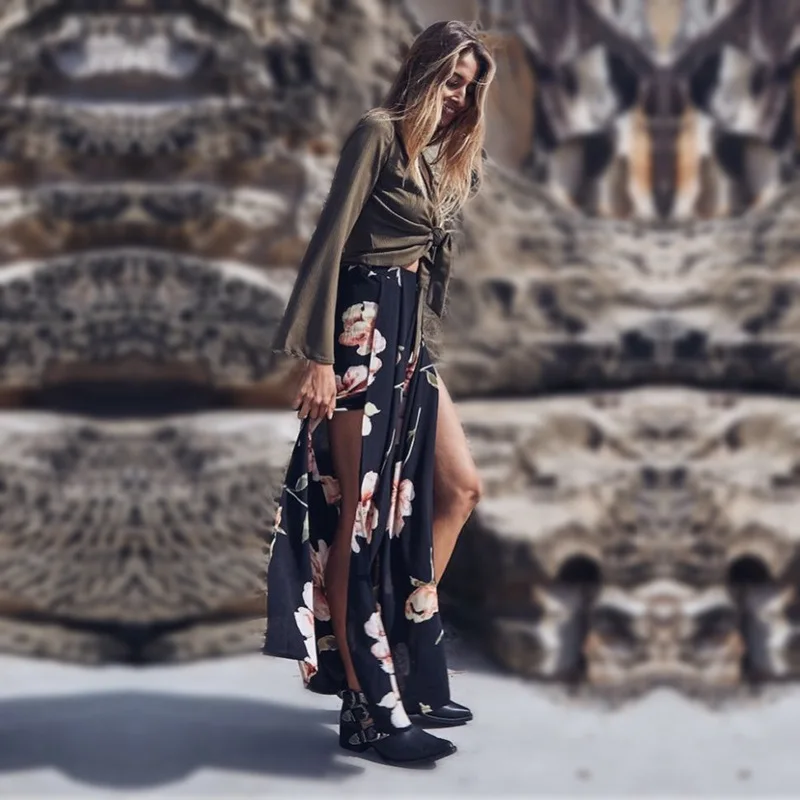 Высокая талия Сплит широкие брюки для женщин 2019 Лето boho талии свободные длинные