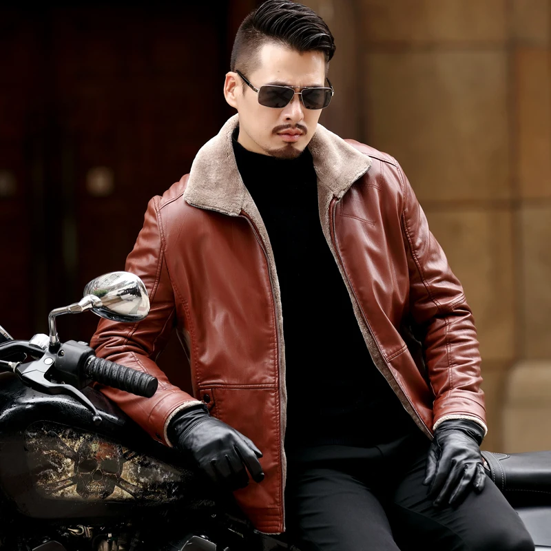 

New Plus Size 8XL 7XL 6XL 5XL Warm Winter Sheepskin Men's Leather Jacket Men Leisure Coat Men Fur Lining Jackets Outerwear Parka