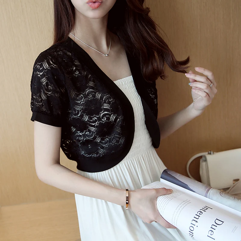 Hollow Out Summer Women V-Neck Knitted Casual Short Sleeve Cardigans Sweaters Lady Knitting Lace Open Stitch Shawl Outwear 0611 |