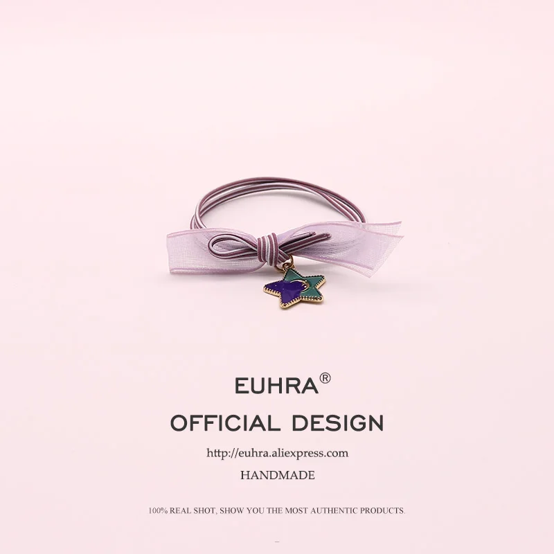 EUHRA/4 цвета, полосатая кружевная эластичная повязка для волос с милым бантиком и пятью звездами для женщин и девочек, детская резинка, дизайн - Цвет: Color 1