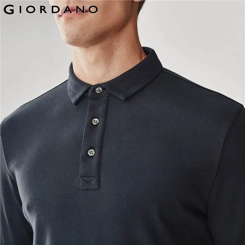 Giordano Мужская рубашка поло мужская однотонная тонкая с длинным рукавом пике