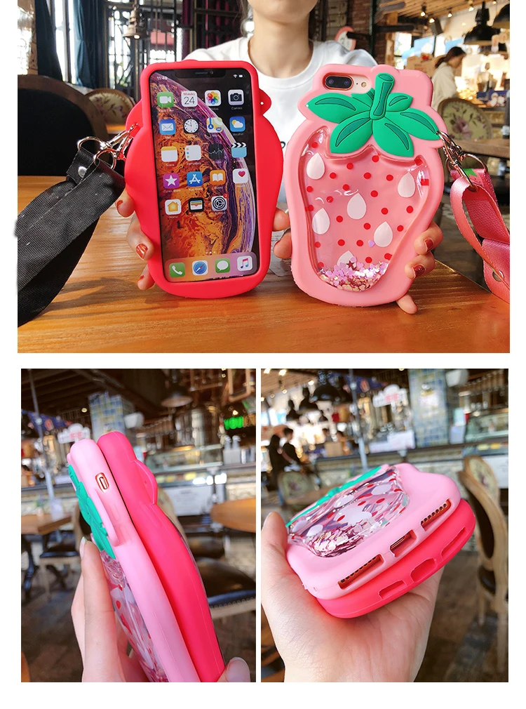 Для iphone XS max XR X 3D милый клубничный жидкий мягкий чехол для iphone 11 Pro 8plus 7plus 7 8 6s 6plus фруктовый чехол fundas+ ремешок