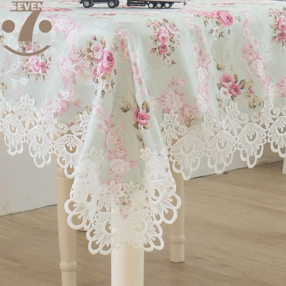 Pink Green Color Pastoral Style Jacquard Cloth White Lace Border Decorative Table Cover Embroidery Tablecloth