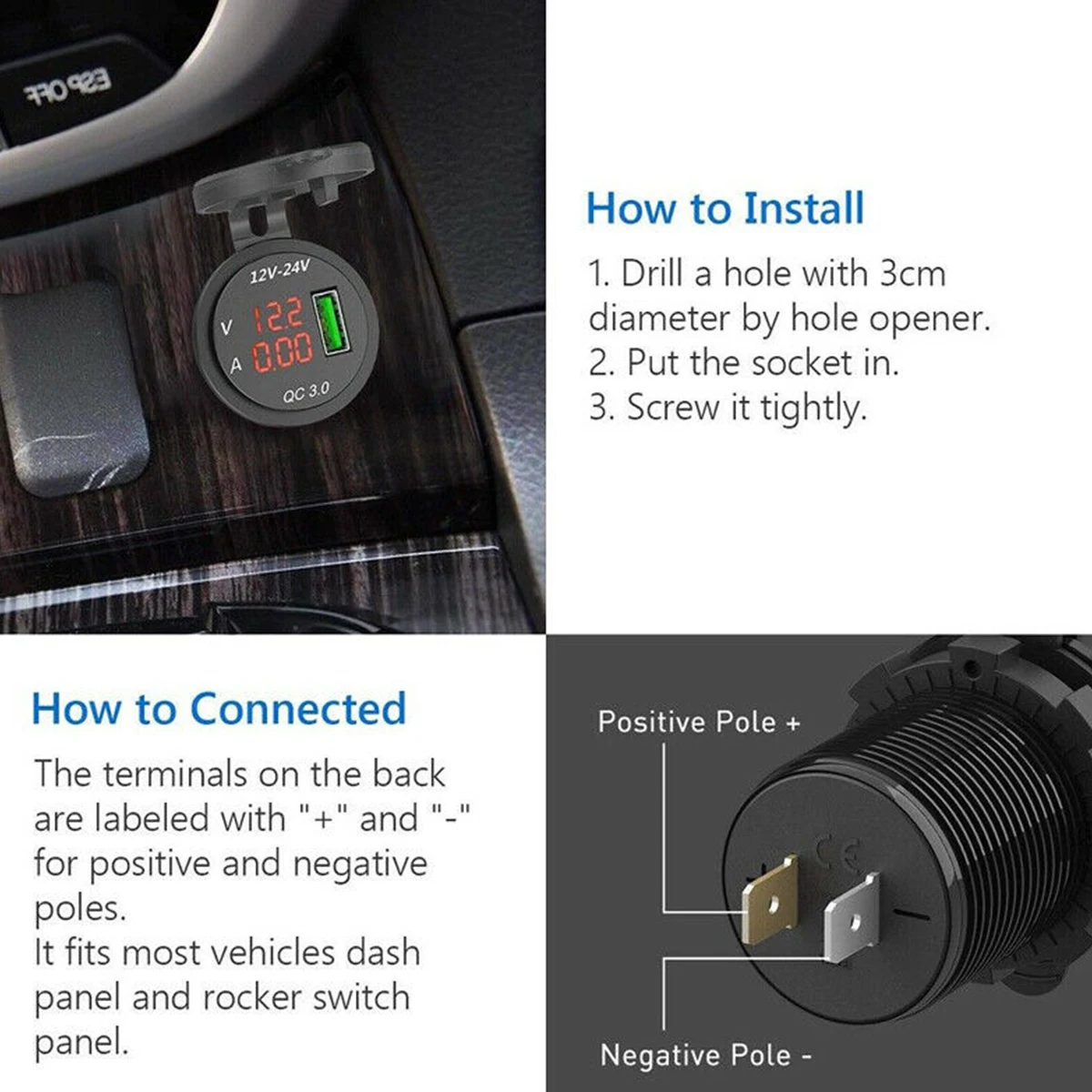 12-24 в USB Quick Charge 3,0 5 в 3A светодиодный дисплей зарядное устройство вольтметр подходит для автомобиля лодки мотоцикла