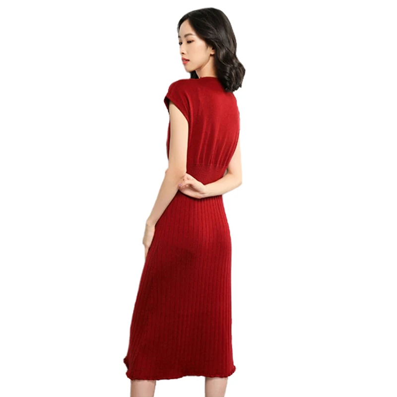 2019 летний модный женский трикотажный полосатый свитер без рукавов платье с v