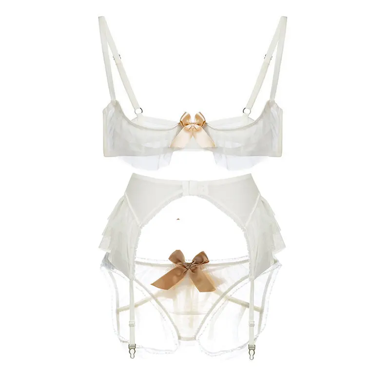 White Varsbaby/комплект из 3 предметов: бюстгальтер+ трусики+ подвязки с прозрачными оборками - Цвет: White