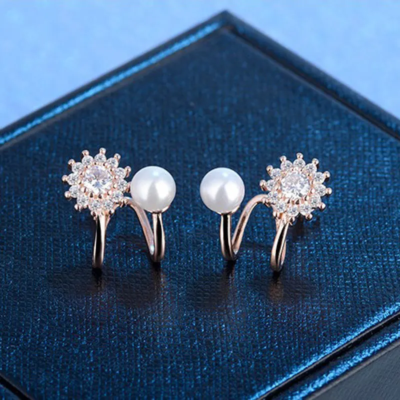 925 Sterling Silver Stud Earrings For Women Sun Flowers Pearl Rose Gold Earnail Allergy Prevention | Украшения и аксессуары
