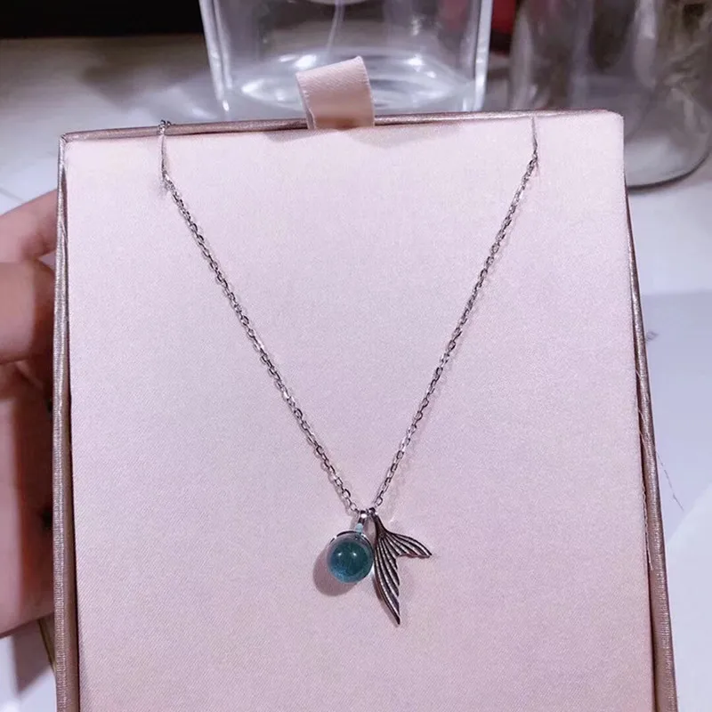 Women Silver Foam Tail Mermaid Pendant Necklace Fish Shape Blue Crystal Bead Transparent Clavicle Chain Jewelry Girl|Ожерелья с