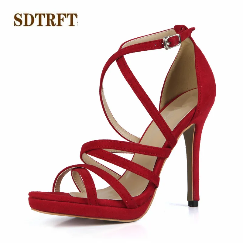

SDTRFT zapatos mujer Summer Stiletto sexy sandals 12cm thin heels Open Toe Flock shoes woman Cross-strap pumps Plus:35-42 43