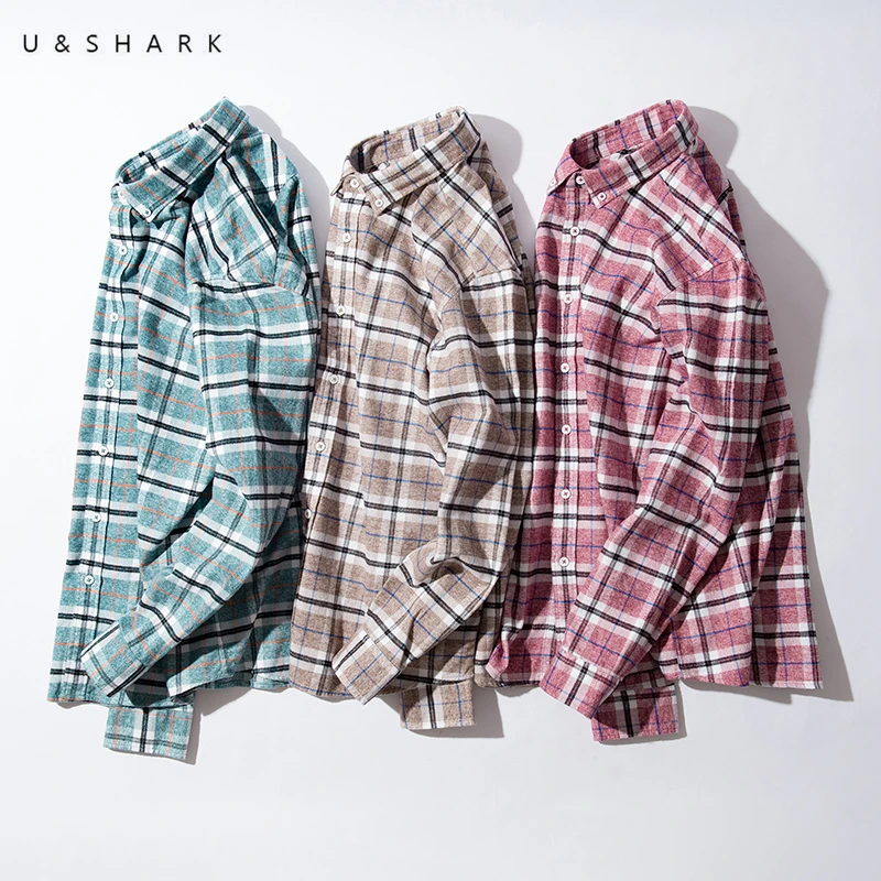 U &amp SHARK Мужская Фланелевая рубашка в клетку 100% хлопок весна-осень повседневные