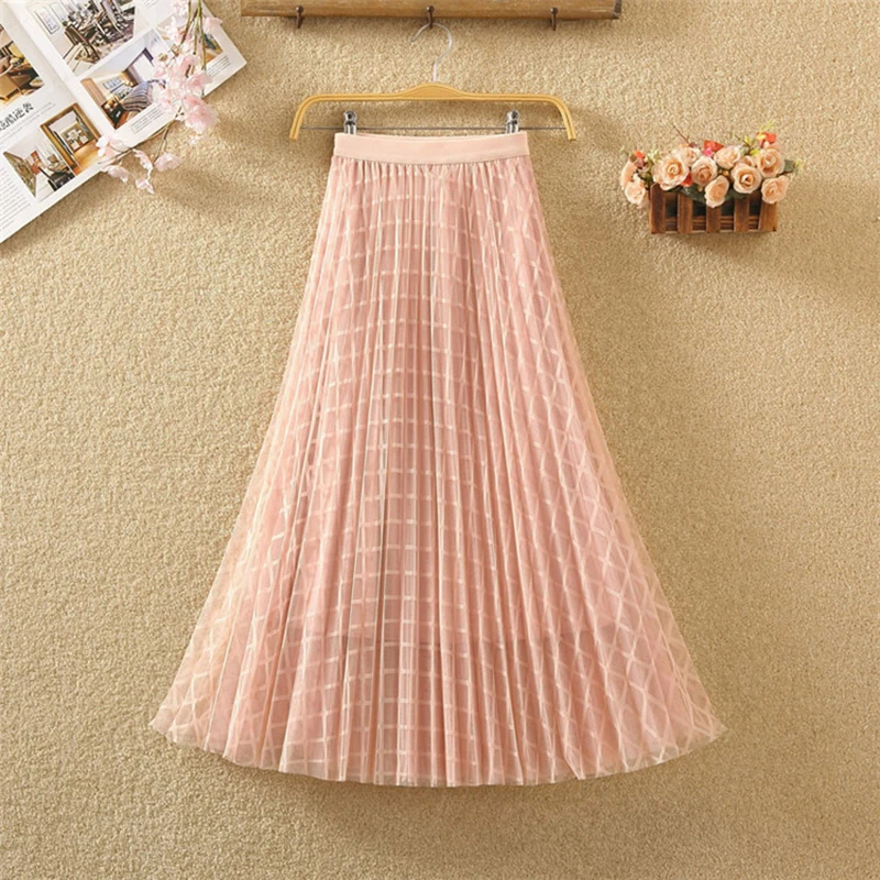 2019 spring Summer Tulle Skirt Women pleated tutu skirt beading A-line mesh midi female Two layers long elegant | Женская одежда