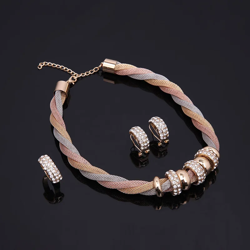 4PCS/SET Fashion Gold Dubai Jewelry Set Crystal Necklace Earrings Ring Bracelet | Украшения и аксессуары