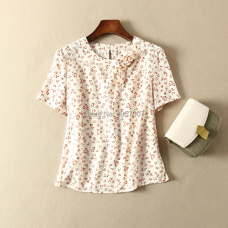 Женская блузка из шелка и хлопка повседневный модный топ с принтом сбоку бантом