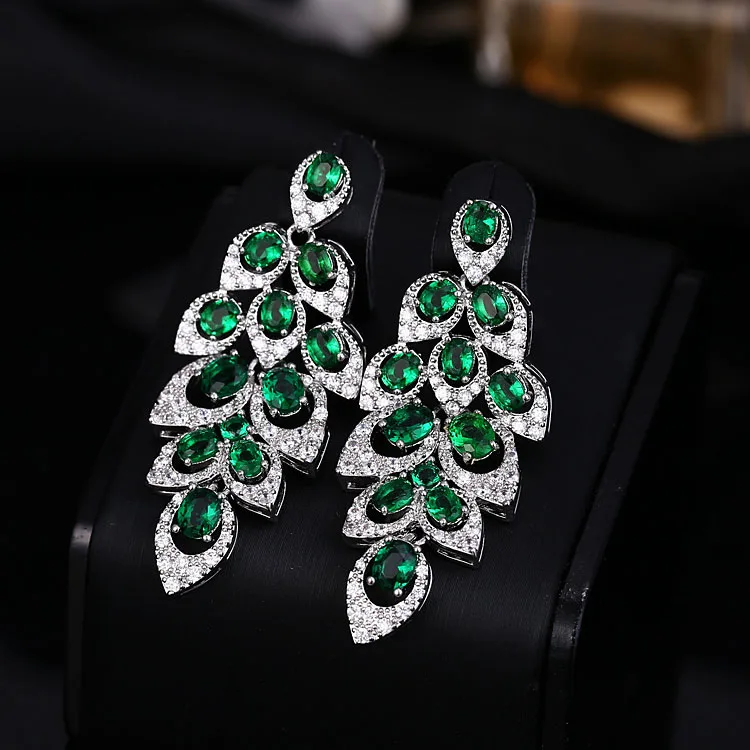 Роскошные женские серьги подвески с фианитами в виде листика|long drop earrings|long earringslong