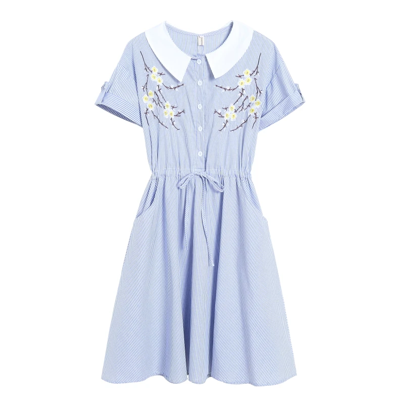 Women Summer Dress Striped Floral Embroidery Elegant Ladies Short Sleeve Sundress Female Mini Shirt Party Vestidos E140 | Женская одежда