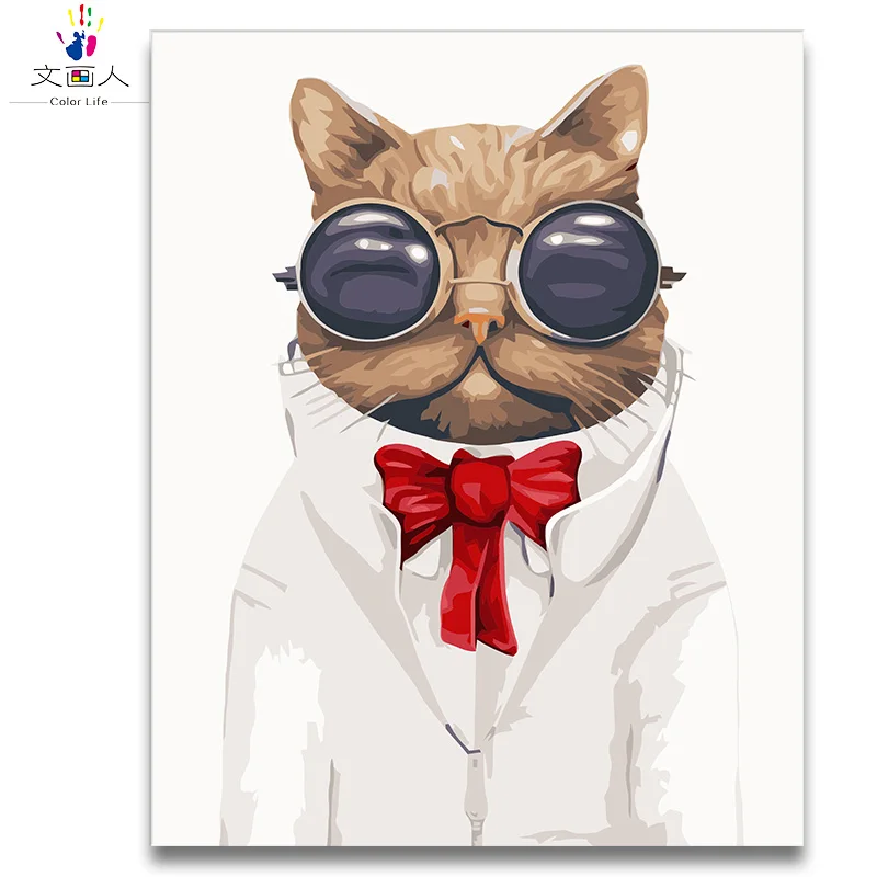 American animal cat with glass tie diy oil painting pictures by numbers with kits on canvas draw coloring for kid's room decor