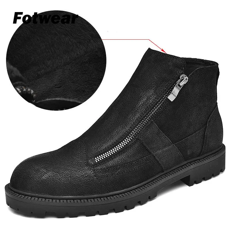 Fotwear мужские ботинки из кожи с натуральным лицевым покрытием Мужская Рабочая обувь черного цвета Зимние плюшевые ботинки на молнии с мягкой подкладкой из микрофлиса для дополнительного тепла