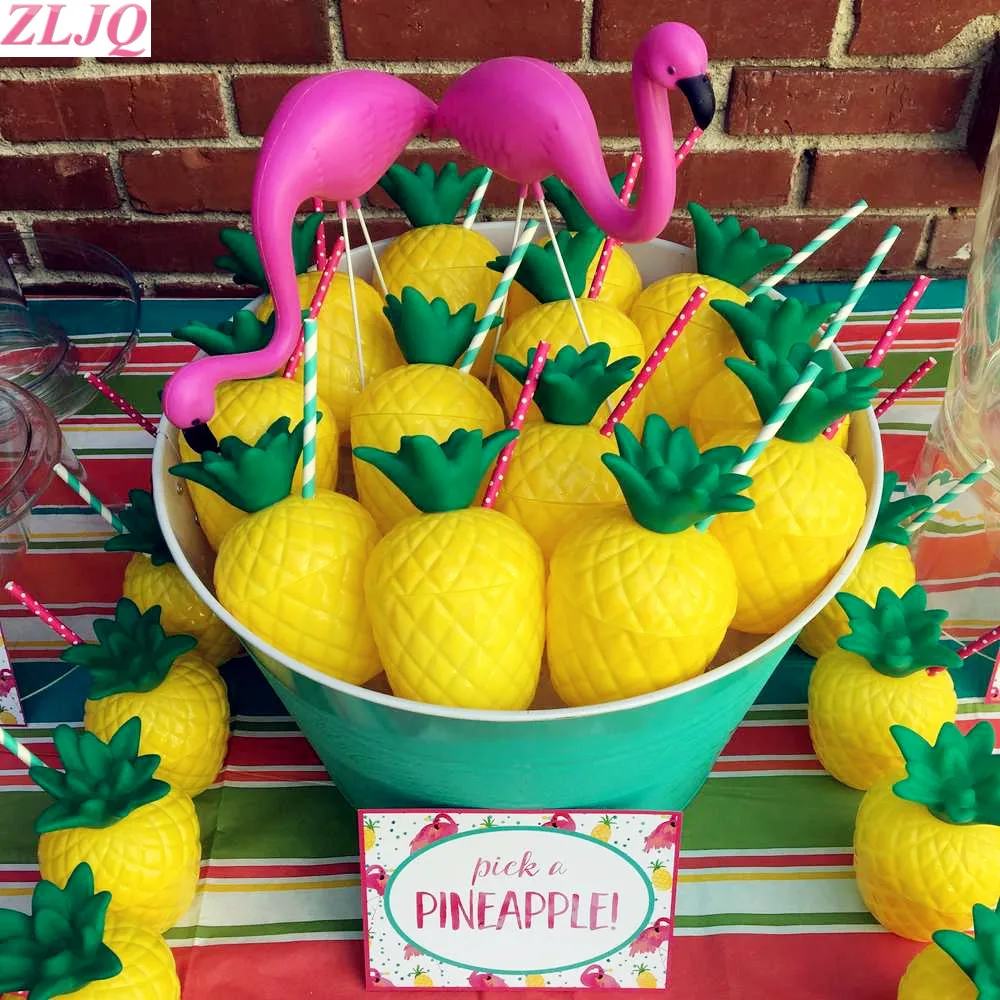 

ZLJQ 12 PCs Plastic Pineapple Cups with Flamingo Bendable Straws Hawaii Party Wedding Decoration Adult Birthday Party Supplies