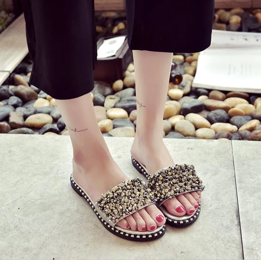 2018 Summer New Women's Slippers Handmade Bling Rivets Nice Look Soft and Comfortable Low-heeled Female | Обувь