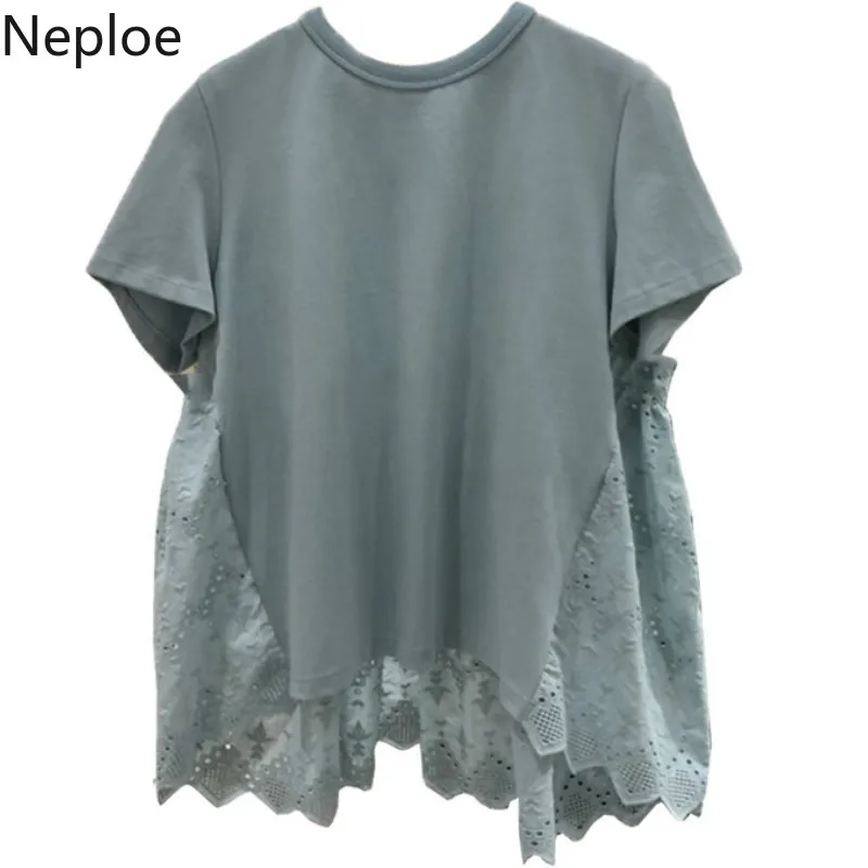 Neploe кружевные лоскутные женские футболки лето 2019 модные с круглым вырезом и
