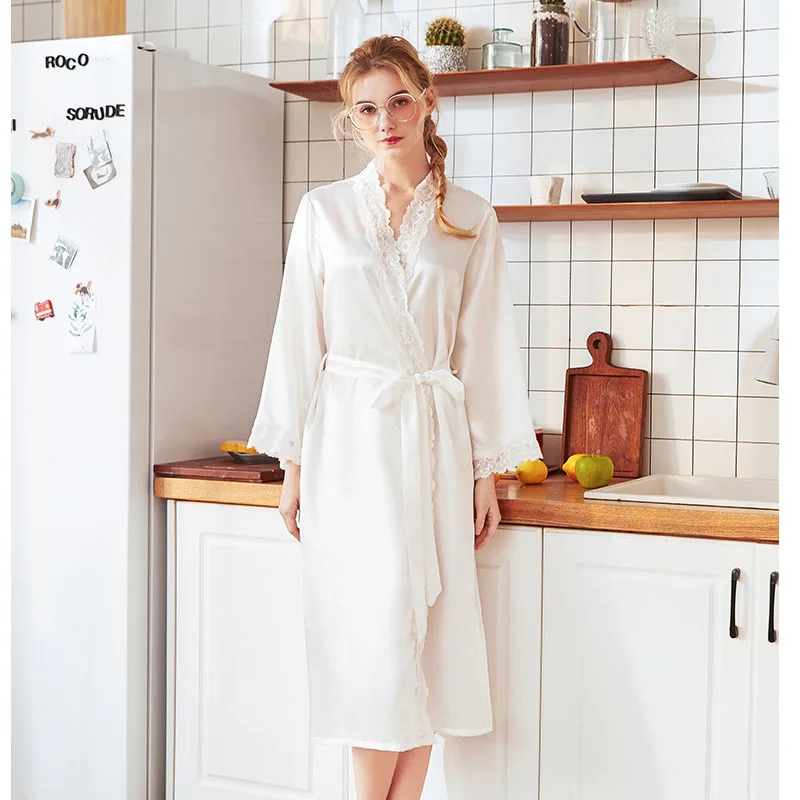 Women pajamas Lace Female Robe Silk Kimono Bathrobe 2019 Spring Summer Sweet Elegant Bride Robes Satin Dress | Женская одежда