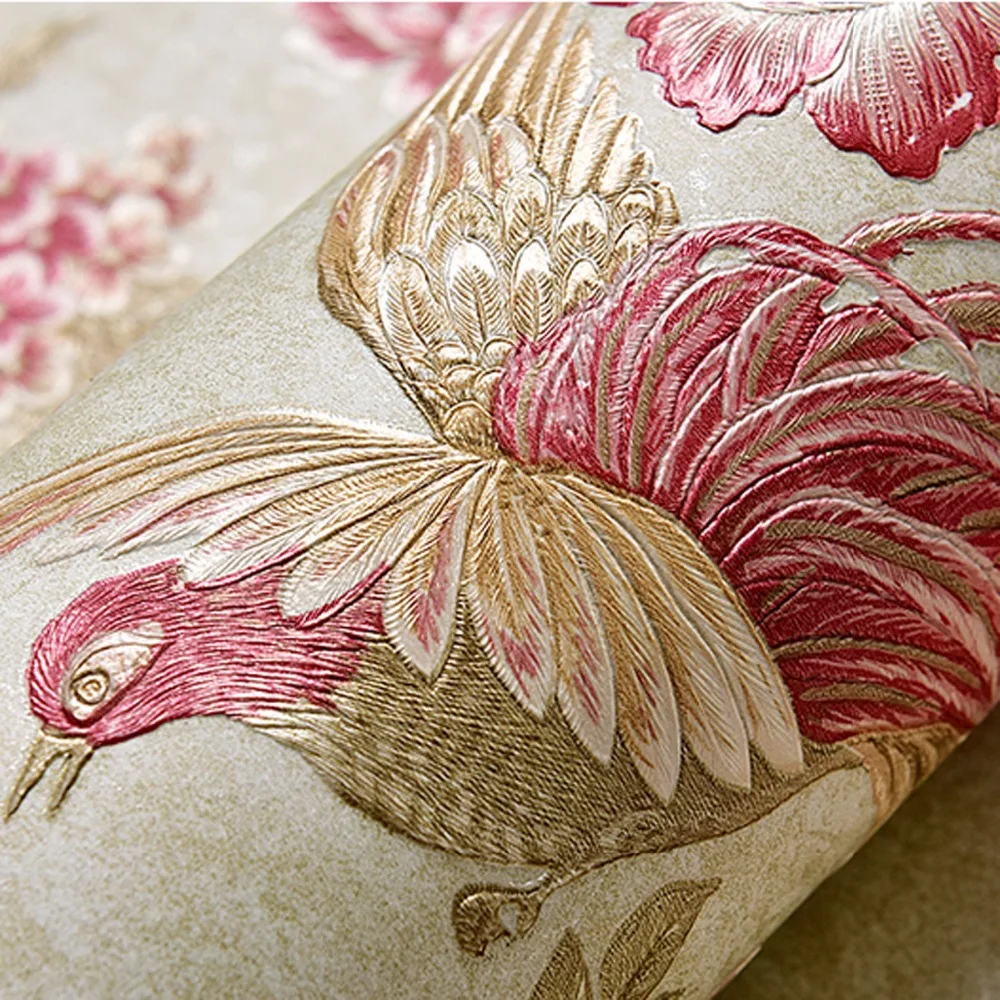 

beibehang American retro pastoral non - woven wallpaper 3D embossed luxury Chinese flowers and peas peony living room wallpaper
