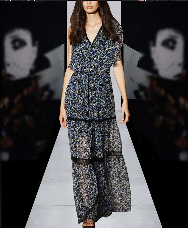 Женское шифоновое платье с принтом длинное летнее глубоким V образным вырезом в