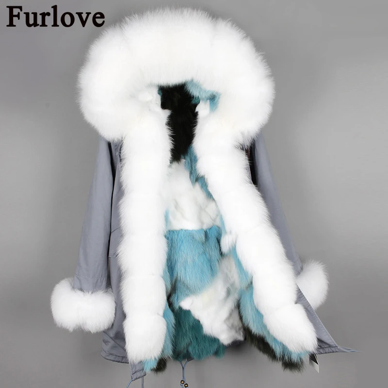 Furlove Women's Luxury Large fox fur Collar Cuff Hooded Coat Detachable Real Fox Fur Liner Parkas Outwear Long Winter Jacket|long winter