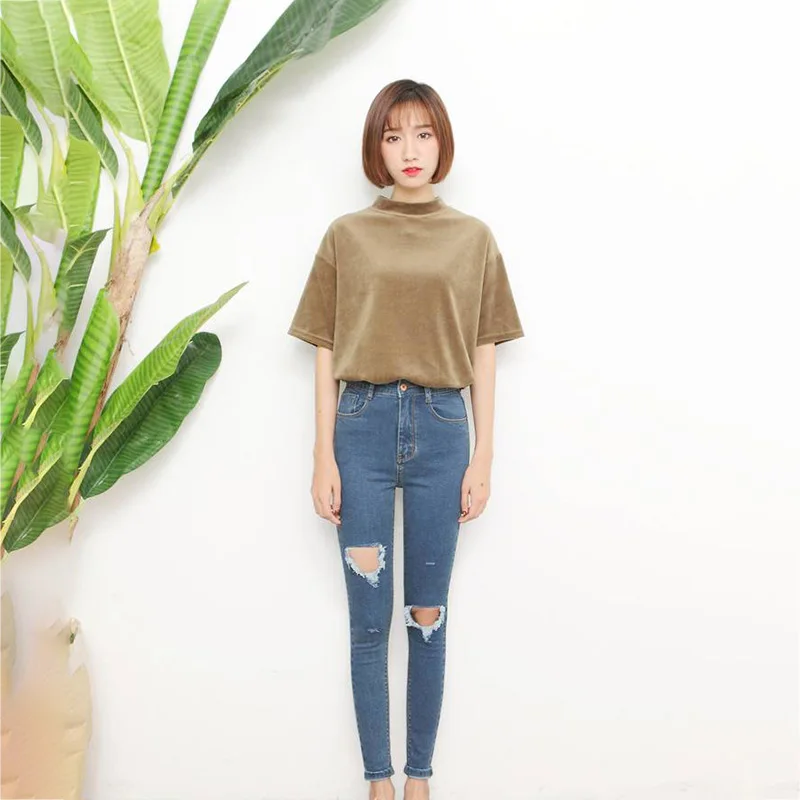 Шикарный Для женщин Высокая талия отверстие джинсы Винтаж рваные узкие брюки