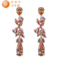 fym luxury orange crystal leaves long drop earrings fashion plant cz jewelry earring for women bride wedding wholesale