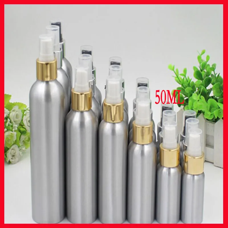 50ml Aluminium bottle pump sprayer bottle w silver/gold shoulder metal bottle Refillable bottle mist sprayer 100pcs/lot