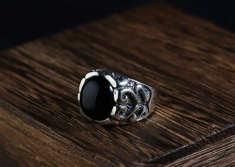 FNJ 925 Серебряное кольцо с сердечком Новая мода черный камень S925 Стерлинговое Тайское Серебро Кольца для мужчин ювелирные изделия размер США 8-11