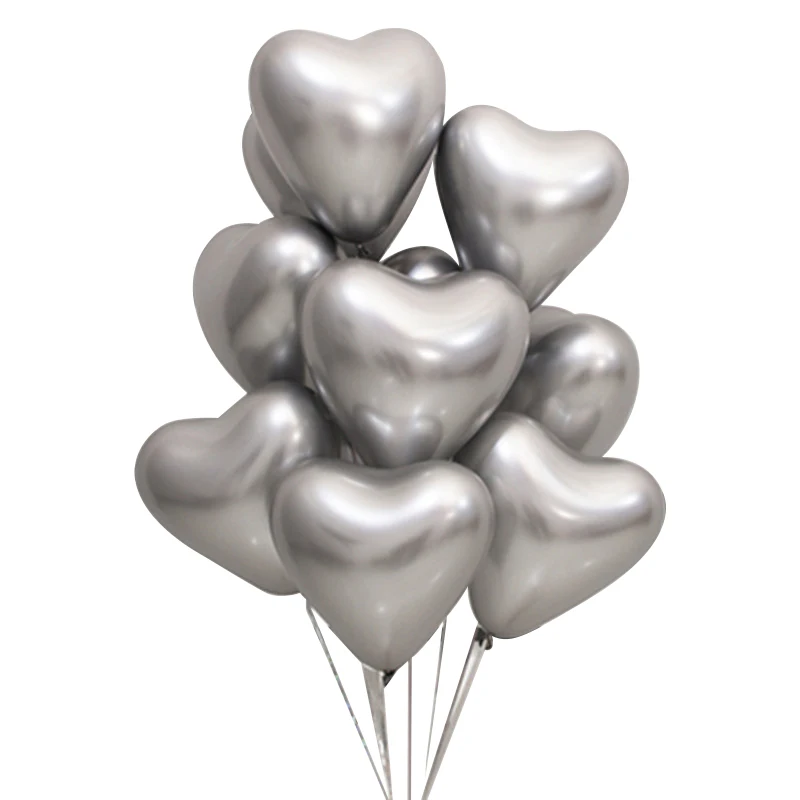 10pcs silvery 10 шт. 12 дюймов сердце глянцевый металлический жемчуг латексные шары толстые Хромированные Металлические цвета воздушные шары Globos День Рождения Декор - Цвет: 10pcs silvery