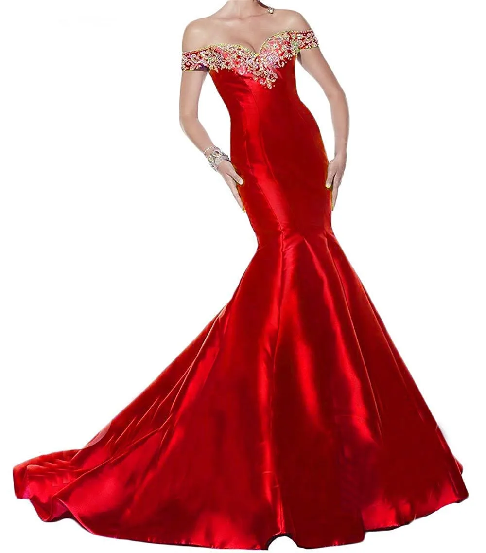 JaneVini Sexy Mermaid Royal Blue Evening Dress Off Shoulder Gown Sequins Beaded Long Satin Dresses Sweep Train Vestidos De Noite | Свадьбы и