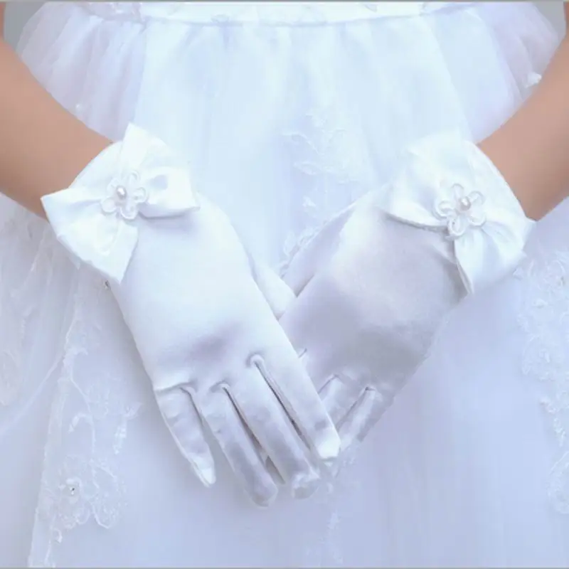 От 4 до 8 лет эластичные Сатиновые короткие перчатки с бантом и жемчугом для