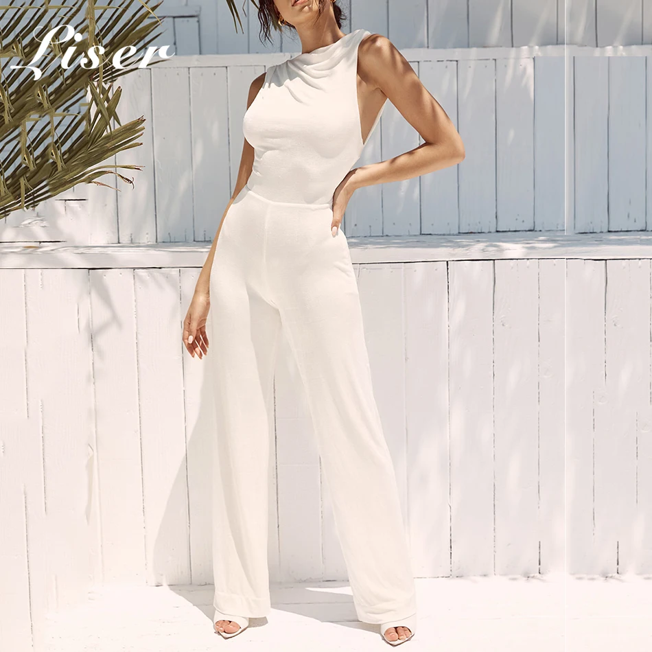 Женский комбинезон с круглым вырезом и открытой спиной Liser белый облегающий