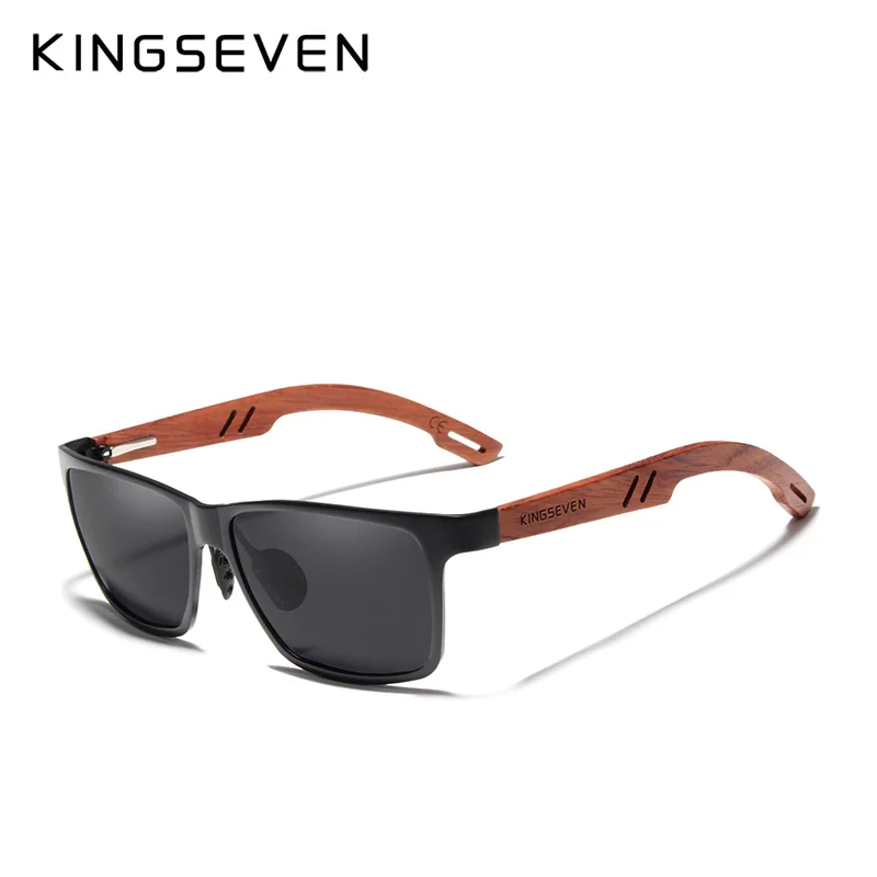 Black Gray KINGSEVEN дизайн ручной работы натуральный Bubinga Деревянные+ алюминиевые солнцезащитные очки мужские поляризованные Модные солнцезащитные очки Квадратные UV400 Gafas De Sol - Цвет линз: Black Gray