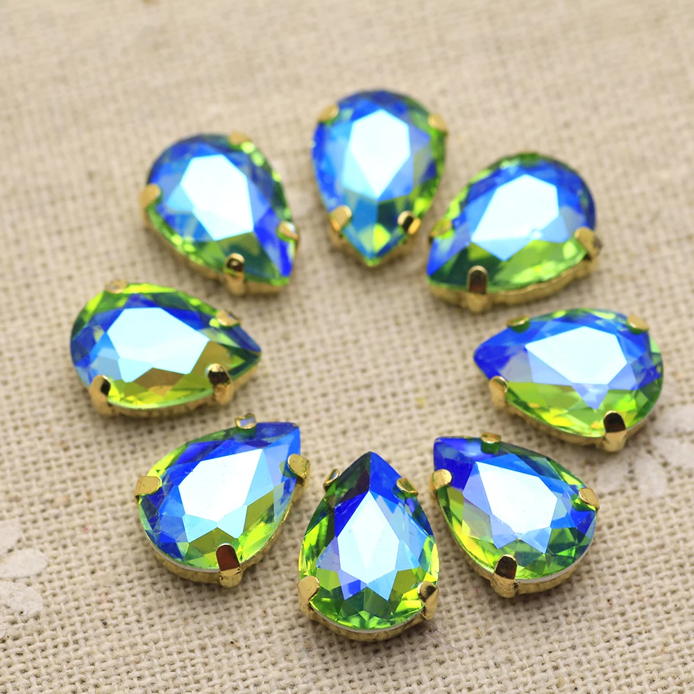 Mix AB color Waterdrop shape sew on Rhinestone with Gold base Rhineestone applique holes Flatback crystal strass DIY cloth | Дом и сад