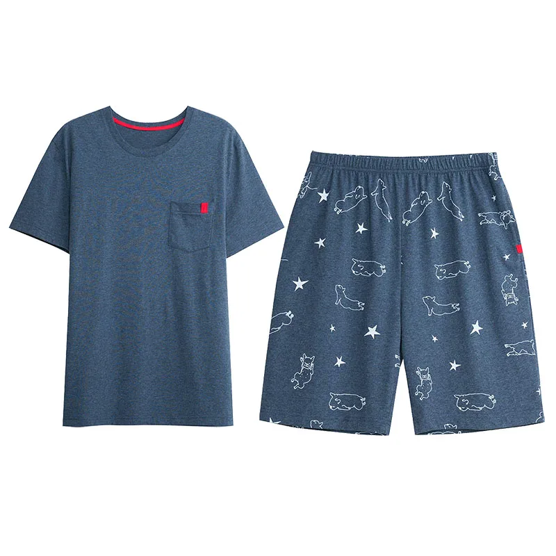 Dark blue THREEGUN брендовая мужская сексуальная пижама, Повседневная Домашняя одежда, мужские шорты для сна, пижамный комплект, хлопковые топы, футболки и шорты, пижама hombre - Цвет: Dark blue