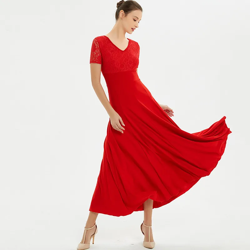 V Collar Lace short sleeve Dance dress Modern dance One piece Flamenco Waltz Wear Standard Practice Clothes Rumba Samba | Тематическая