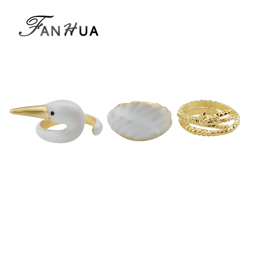 Fanhua 3 шт./компл. золото-Цвет Boho Панк-рок кольца с белой эмалью перо гуся Форма