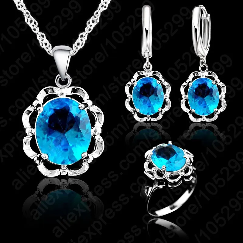 

Newest Women Gift Flower Shape Earrings&Necklace& Ring Crystal Jewelry Set 925 Sterling Silver Jewelry Sets Wholesale