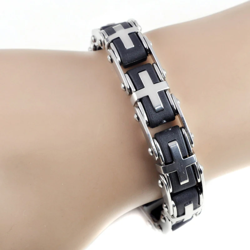 Мужской серебряный браслет из нержавеющей стали 2 размера черный резиновый крест