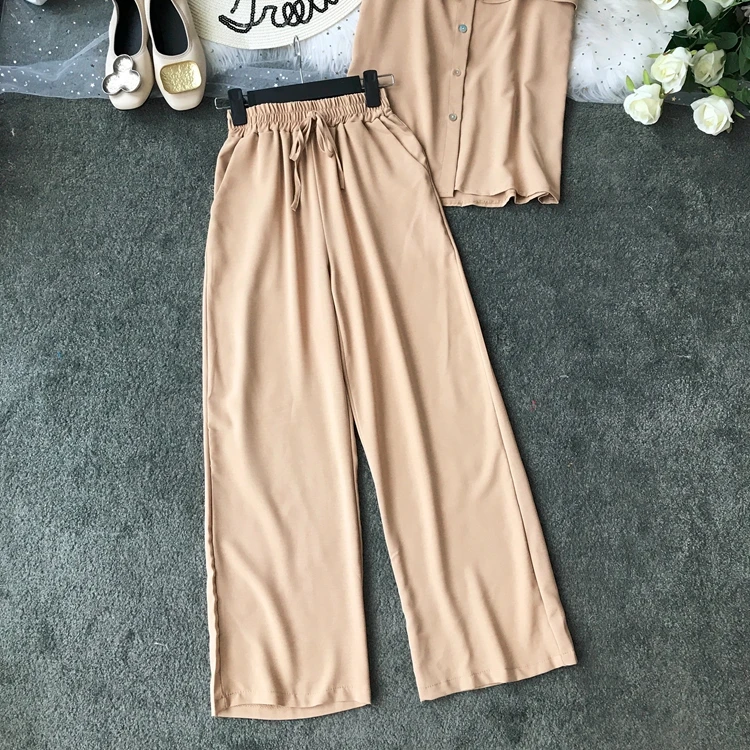 ALPHALMODA/ летний однобортный Топ с оборками+ широкие брюки, Женский повседневный комплект из 2 предметов, женские летние однотонные штаны, костюмы