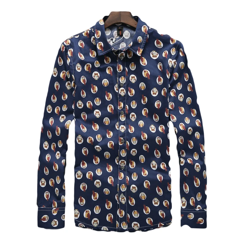 Мужская рубашка для отдыха темно синяя с длинным рукавом весенняя принтом хлопок