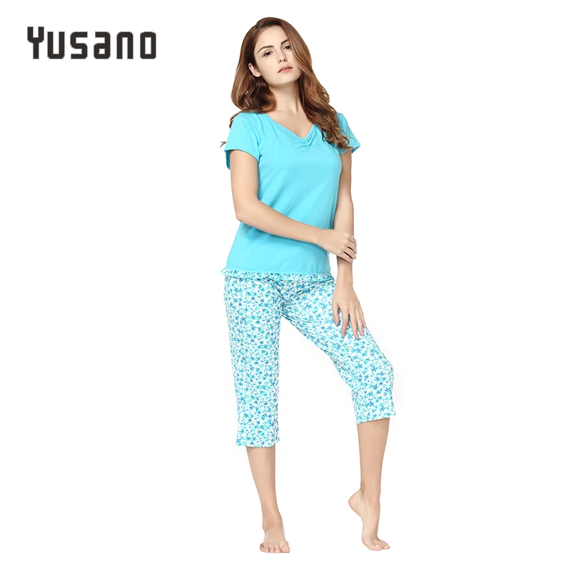 Женские пижамные комплекты Капри с коротким рукавом v-образным вырезом пижамы на