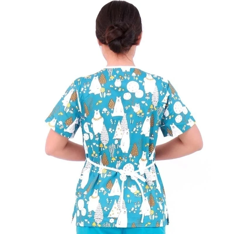 Женский скраб топ с боковым отверстием 100% хлопок v образный вырез напечатанная